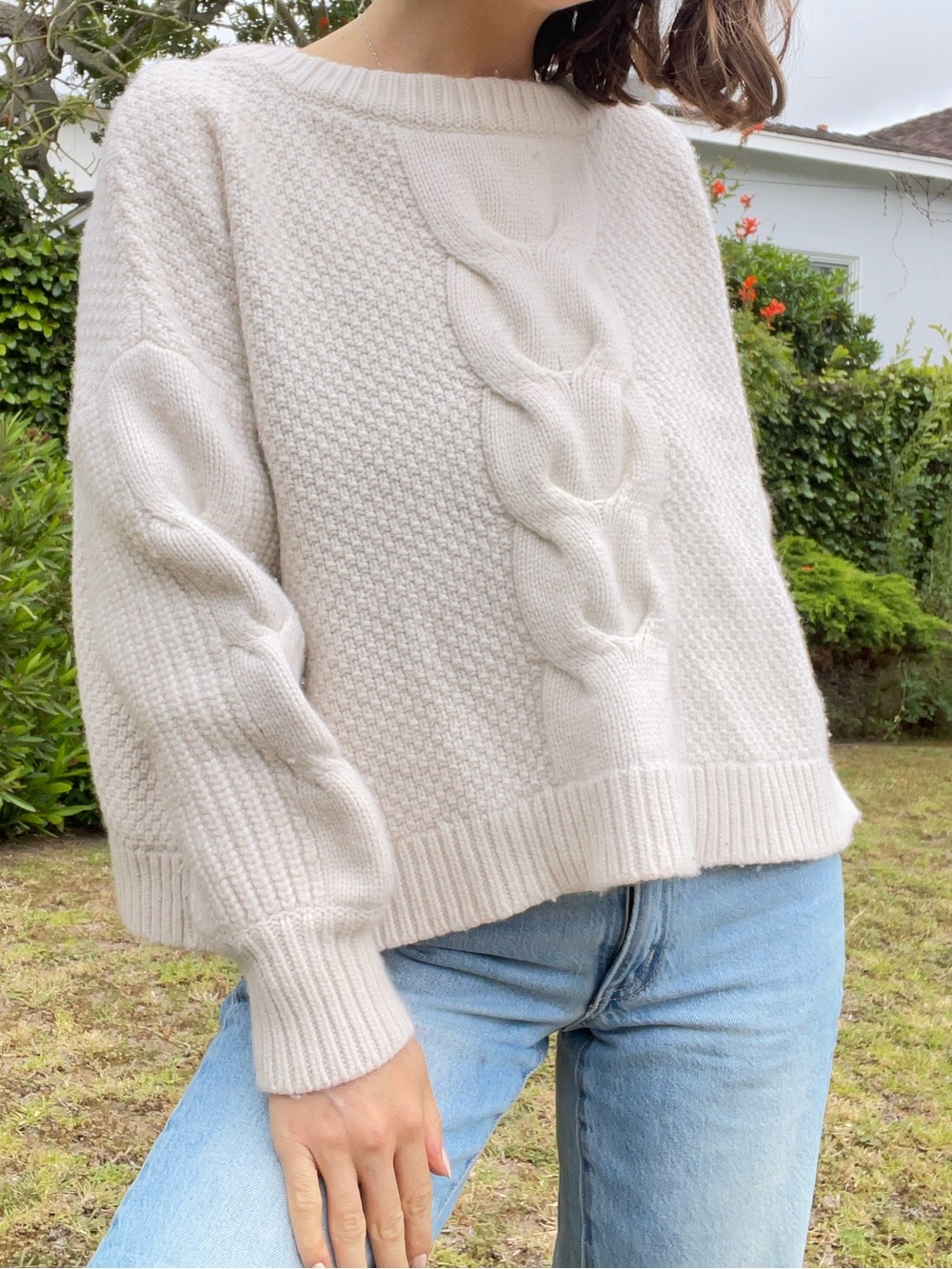 J. Crew Cream Cable Knit Crewneck Sweater Boxy Wool Chunky Crop